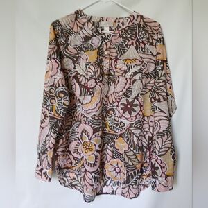 Loft Womens Roll Tab Long Sleeve Top M Multi Colored Brown/Pink/Orange